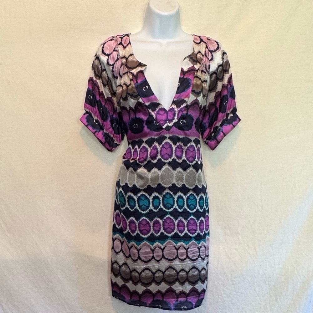 F-60 Glam Purple Black & Teal 100% Silk Lined Short Sleeve MIDI Dress Size L